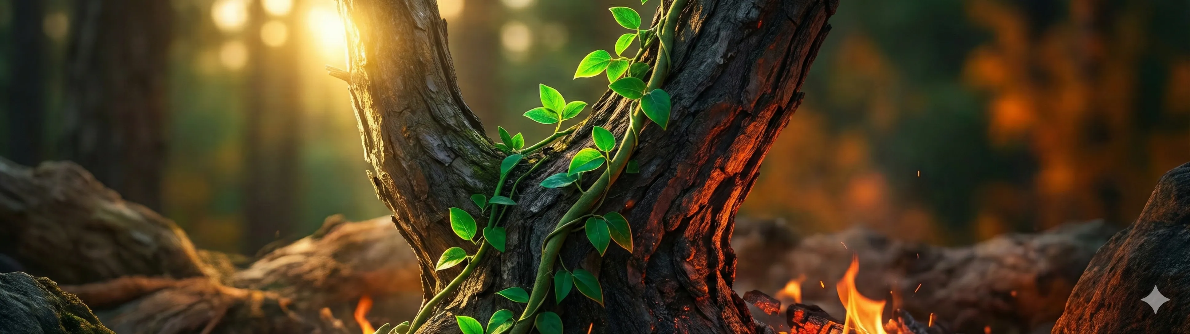 Abstract illustration for 2026 forecast, depicting 乙 Wood vines climbing in sunlight and fire glow, symbolizing the 