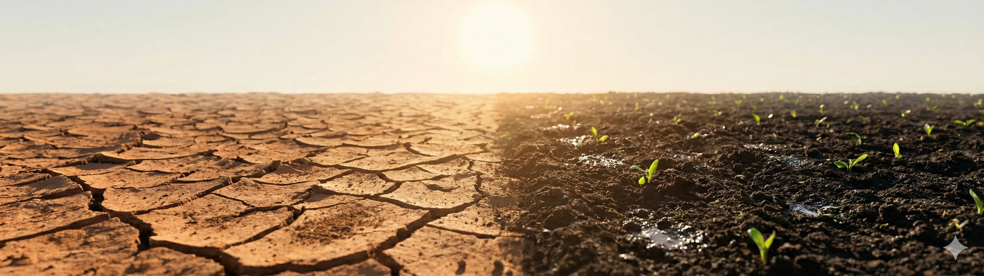 2026 丙午 Annual Horoscope illustration, symbolizing the test of 己 Earth under the blazing sun, contrasting abstract imagery of cracked scorched earth and fertile fields.