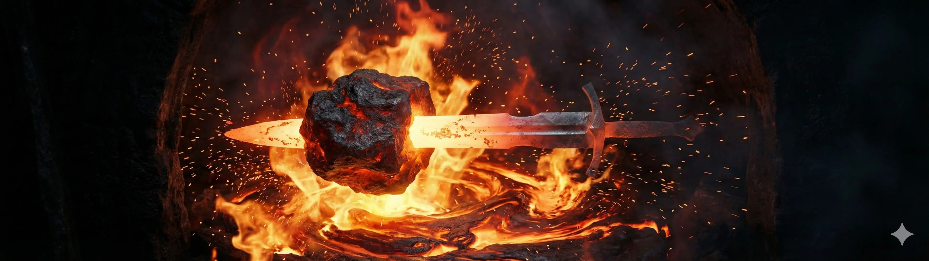 Abstract imagery of 庚 being forged in intense fire, symbolizing resilience and power ascension.