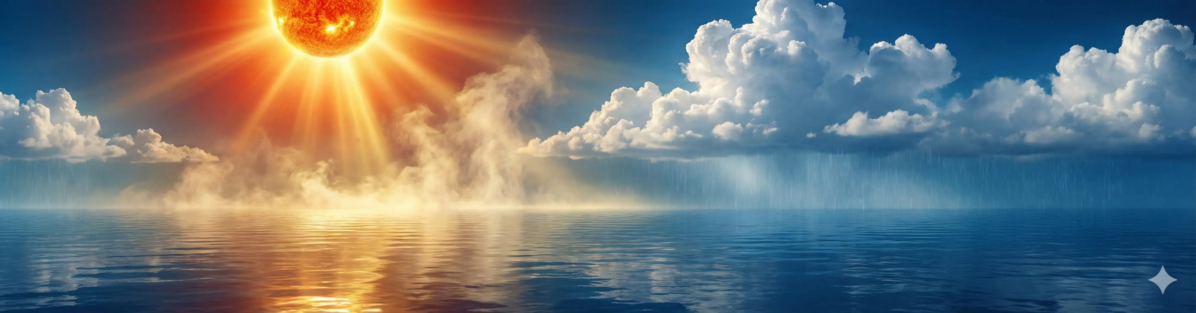 Sunlight hitting the ocean to create rising mist and rain, symbolizing the transformation of Water and Fire into wealth and nourishment.