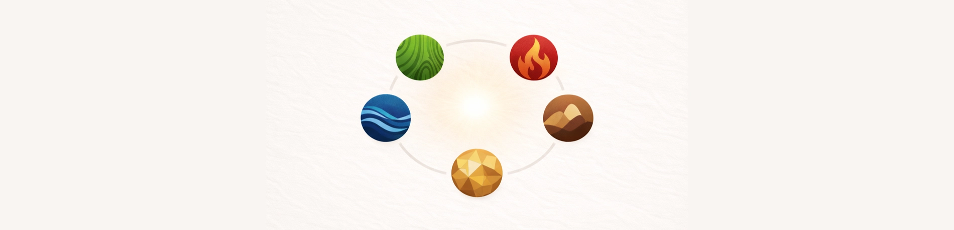Abstract symbols of the Five Elements (Wood, Fire, Earth, Metal, Water) arranged in a circle, representing the energy flow in BaZi and the Soul Primary Color.