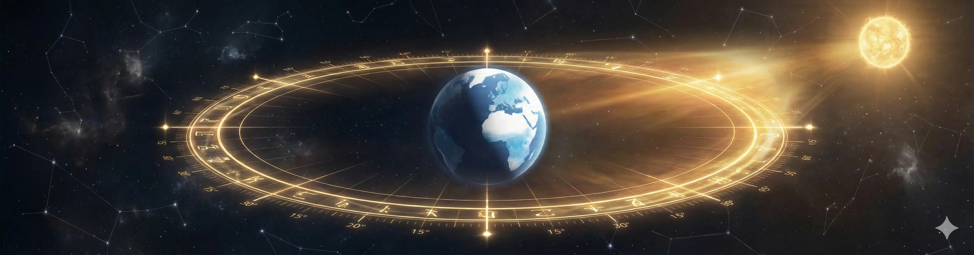 Visualization of the Earth and Solar Ecliptic Longitude geometry, symbolizing the globally consistent astronomical logic of Bazi Month Command.
