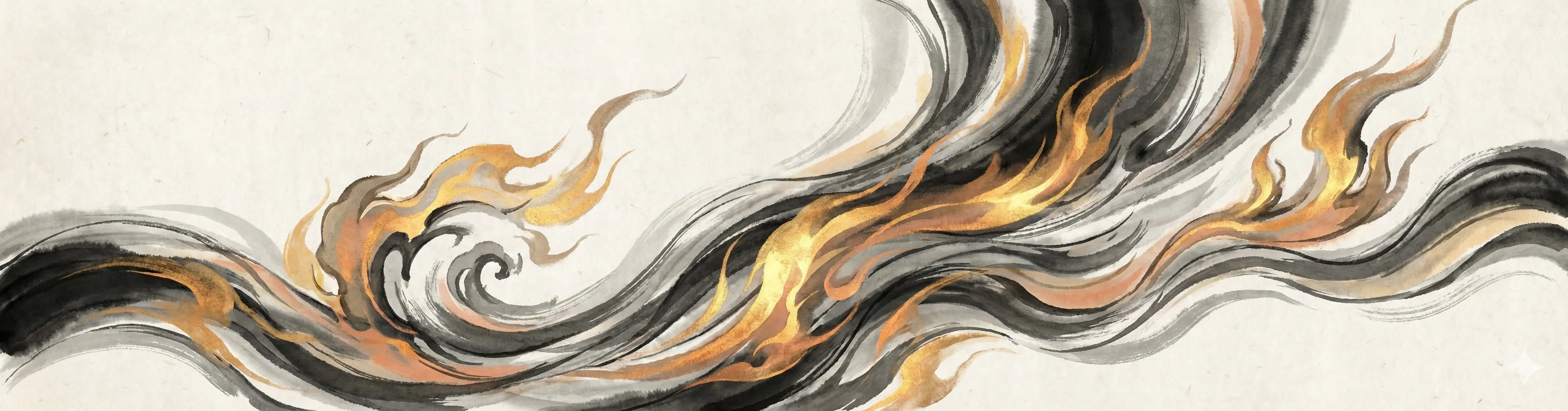 Ink wash conceptual art depicting the balance of water and fire elements, symbolizing the harmony of Wealth and Authority in Bazi metaphysics.