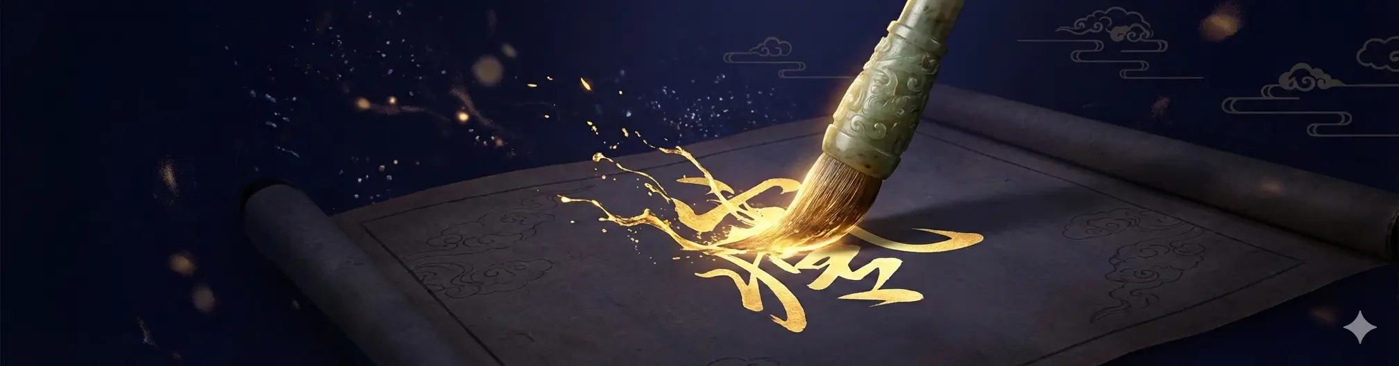 A jade calligraphy brush guiding wild golden ink strokes on a dark scroll, symbolizing the wisdom of the Mentor controlling the talent of the Challenger in Bazi.