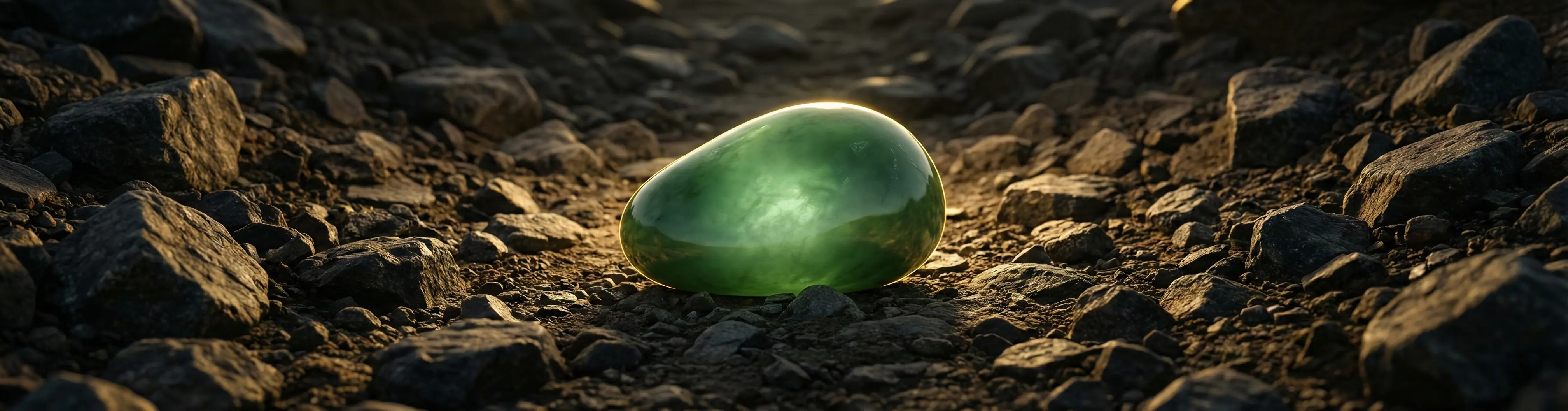 A glowing jade stone on a dry riverbed symbolizing the purity and nobility of the 傷官 (Challenger) Exhausted Bazi structure.