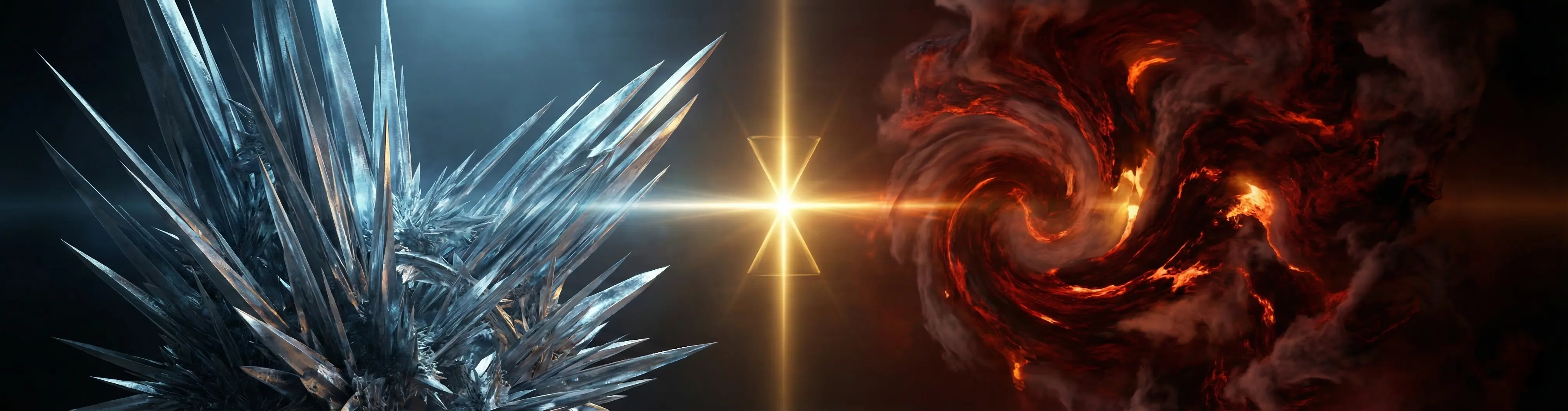 Abstract visualization of two powerful forces, Yang Ren and the Warrior, balancing and transforming. Sharp metallic texture on the left meets fiery energy on the right, stabilized by a central light of equilibrium.