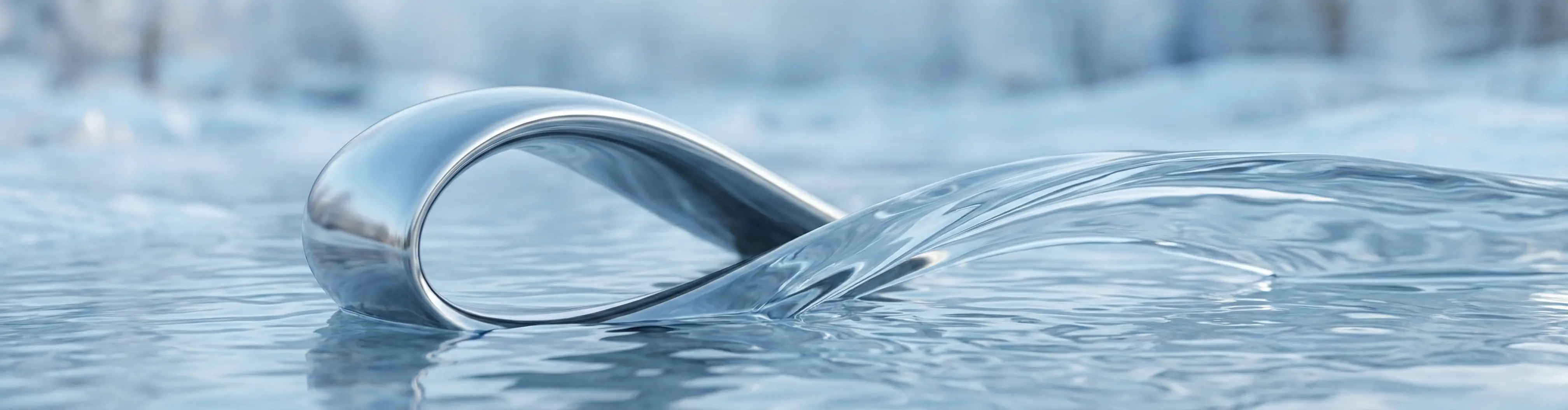 象徵金白水清八字格局的抽象藝術圖，銀色金屬與清澈流水交融，展現秋冬肅殺而清純的氣象。