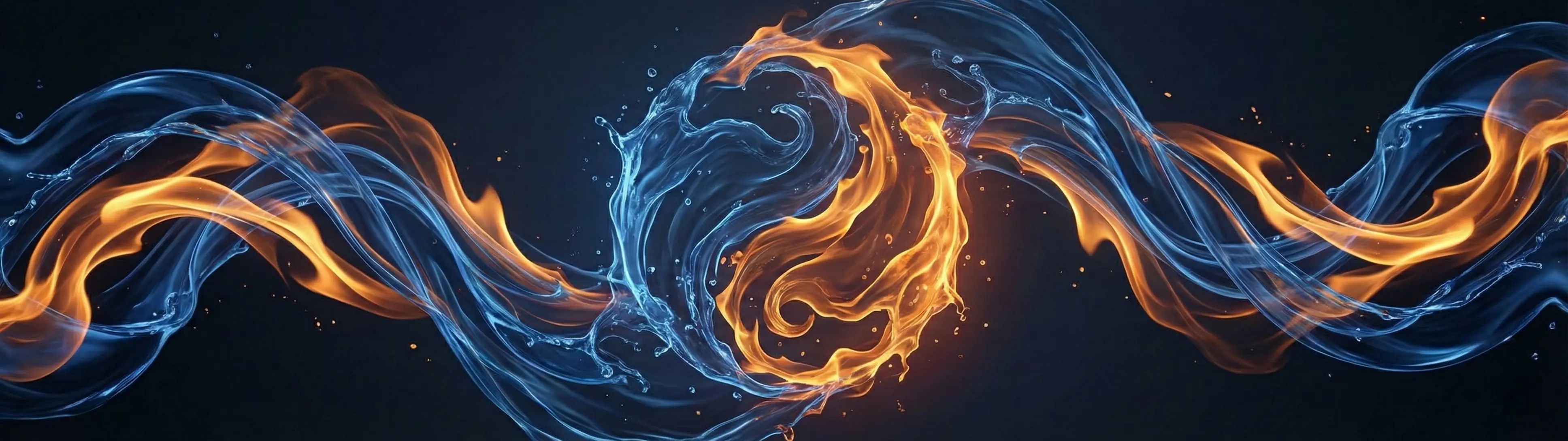Abstract art of deep blue water and orange flames seamlessly intertwining, symbolizing Yin-Yang balance and the equilibrium of Water and Fire.