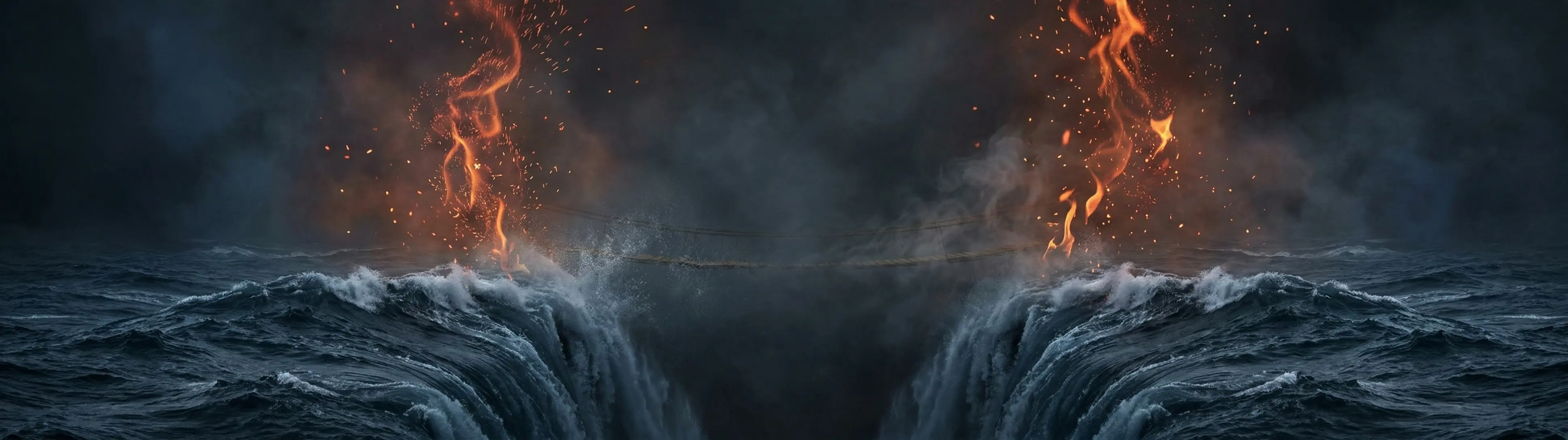 抽象呈現火氣炎上與水勢潤下互不相交的命理意境圖