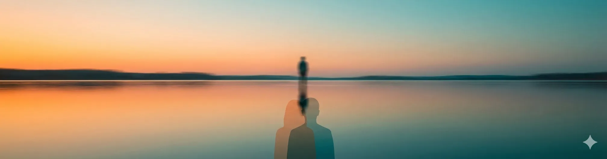 Abstract minimalistic background symbolizing the Bazi concept of Peer and Competitor with reflections, warm orange and cool teal gradient.